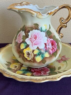 Hand-Painted Floral Pitcher and Basin with Gold Trim Japan Rubens Vintage